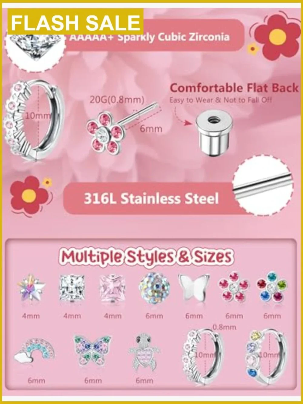 12 Pairs Hypoallergenic Stainless Steel Earrings for Girls with Screw Back